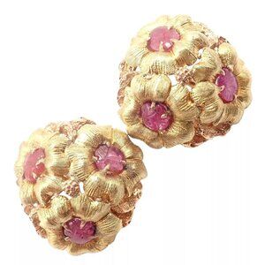 Authentic! Vintage Buccellati 18k Yellow Gold Carved Ruby Flower Earrings